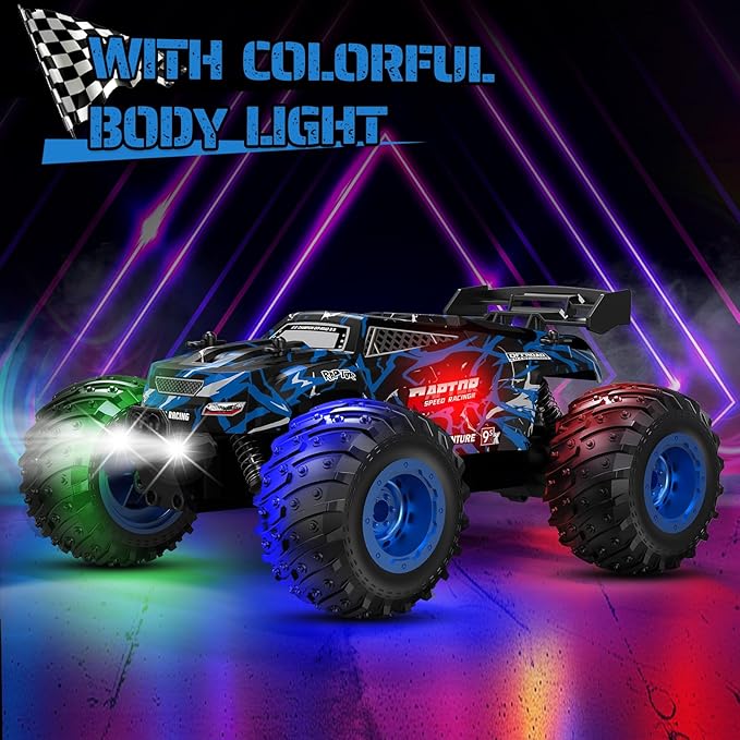 Remote Control Car, 1:18, All-Terrain Remote Control Truck with Headlight and Bodylight, 2WD, 20KM/H, PVC Shell, 2.4GHz, Rechargeable, Sturdy, Two Speed Control, Rc Cars for Kids, Beginner