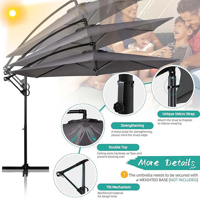 Shintenchi Patio Offset Umbrella With Easy Tilt Adjustment, Crank and Cross Base, Outdoor Cantilever Hanging Sunshade Canopy, Dark Gray