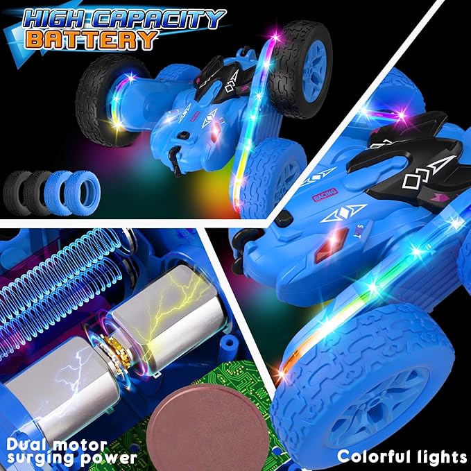 Remote Control Car,RC Cars with Sides Light Strip and Headlights,Double Sided 360 Flips Rotating RC Stunt Car,2.4Ghz All Terrain Toys for Ages 4-6 Kids Toy for Boys Girls Birthday Gift(Blue)