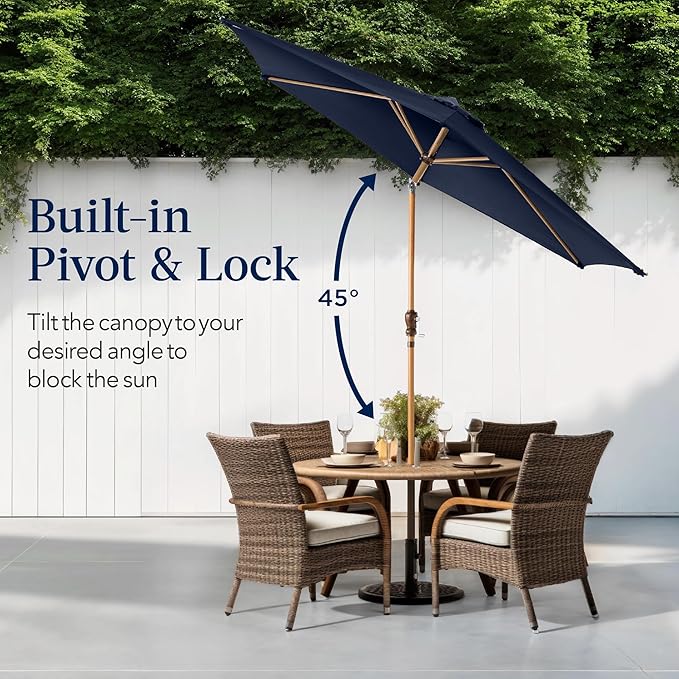 Best Choice Products 10ft Market Umbrella, Outdoor Sun Shade for Backyard, Deck, Poolside, Table w/Woodgrain Pattern, Easy Tilt & Crank - Navy Blue