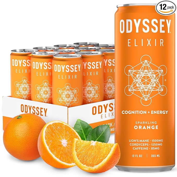 Odyssey Elixir Cognition + Sustainable Energy - Lion's Mane, Cordyceps, L Theanine, Ginseng & 85mg Green Tea Caffeine - 0 Added Sugar - No Jitters or Crash - Orange - 12 Fl oz, 12 Pack
