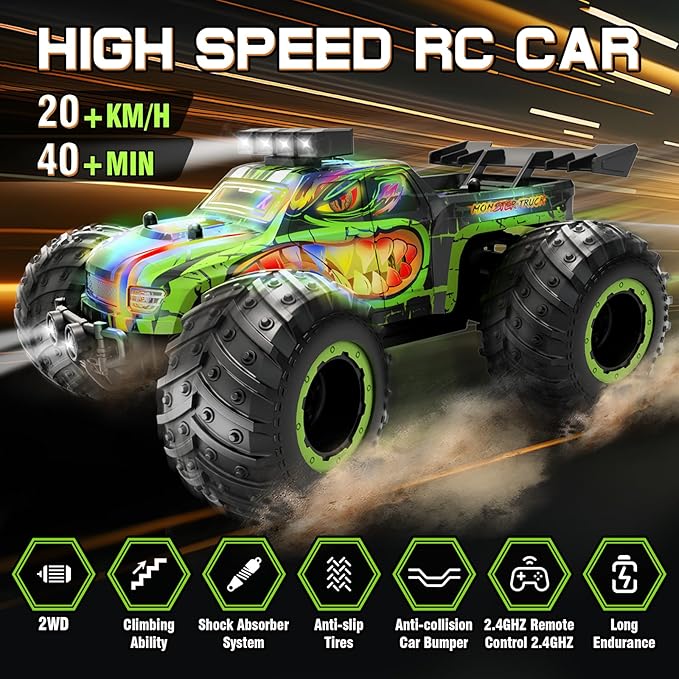 Remote Control Car, Rc Cars for Boys Age 6-8 8-12, 2.4Ghz All Terrain Rc Truck Toys with Headlights and Car Body Lights, 20 KM/H Off Road Remote Control Monster Truck, Ideal Gift for Kids 6 7 8 9 10+