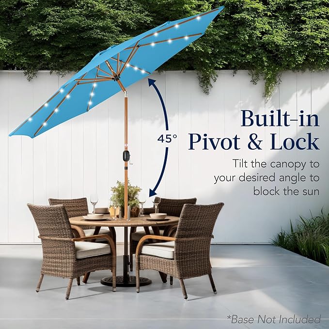 Best Choice Products 10ft Solar Market Patio Umbrella w/Woodgrain Pattern Pole, LED Lights, Tilt & Crank – Outdoor Sun Shade for Backyard Table, Deck, Poolside – Sky Blue