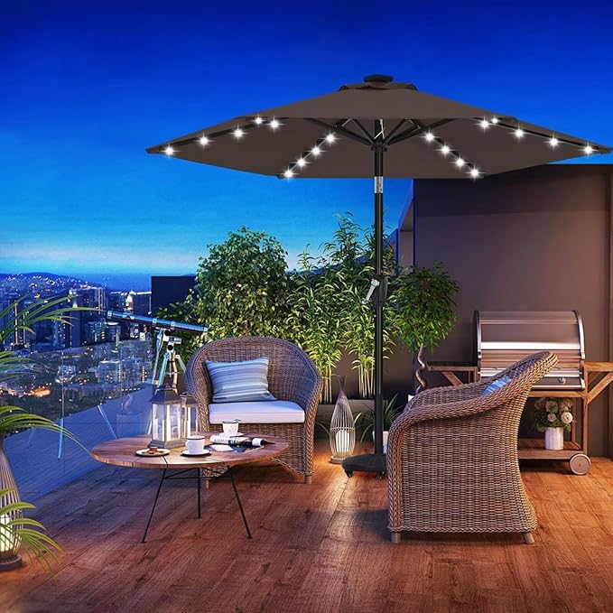ABCCANOPY Durable Solar Led Patio Umbrellas with 24LED Lights 7.5FT with 6 Sturdy Ribs (True Brown)
