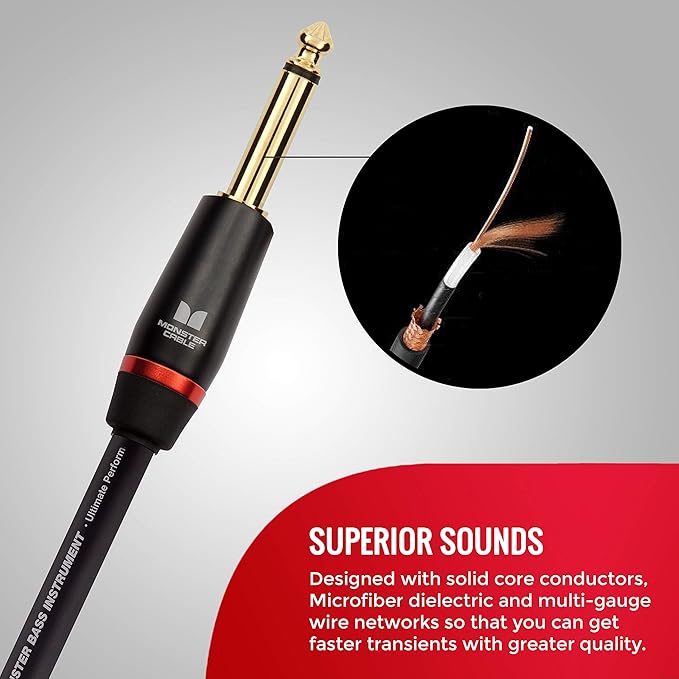 Monster Prolink Bass Instrument Cable – 12ft Right Angle to Straight Guitar Cable with 95% Copper Shielding