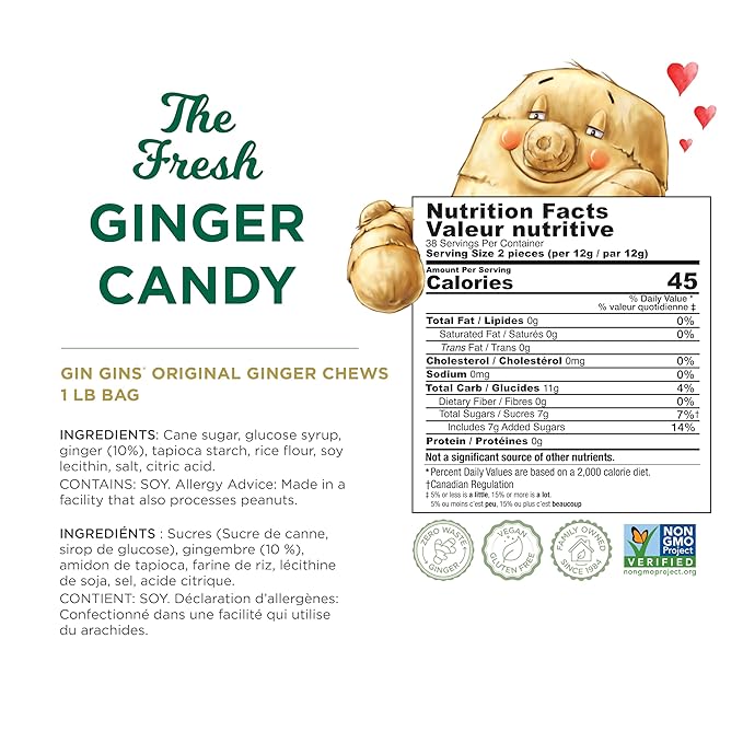 GIN GINS Original Ginger Chews – Natural Fresh Ginger Candy by The Ginger People – Individually Wrapped Healthy Candy – Original Flavor – Large 1 lb Bag (16oz) – Pack of 1