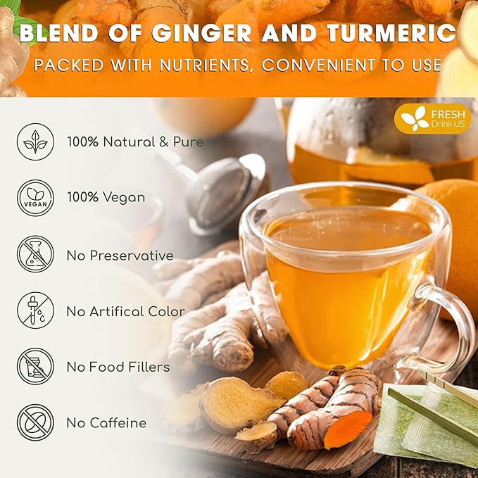FreshDrinkUS, Premium 135 Turmeric Ginger Tea Bags, 100% Natural Ingredients, Hand-made Blend of Turmeric and Ginger Herbal Tea, Eco-conscious Tea Bags. No Sugar, No Caffeine, No Gluten, Vegan.