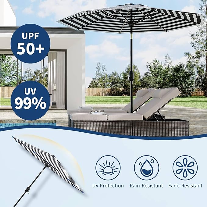 9Ft Patio Umbrella - 8 Sturdy Ribs Outdoor Table Umbrella with Crank Lift & Push Button Tilt - Market Umbrella for Pool, Deck, Yard, Garden - Black & White Stripe