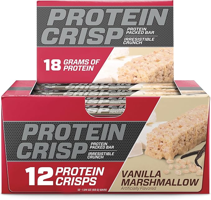 BSN Protein Crisp Bar, Protein Snack Bars, Crunch Bars with Whey Protein and Fiber, Gluten Free, Vanilla Marshmallow, 12 Count (Packaging May Vary)