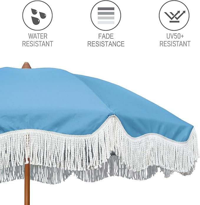 AMMSUN Boho Fringe Umbrella Outdoor Patio, 6.5ft UPF50+ Picnic Umbrella with Tassels with Steel Pole and Push Button Tilt, Blue