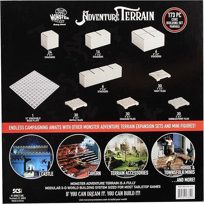 Monster Adventure Terrain - 173pc Paintable Core Building Set w Baseplate- Fully Modular & Stackable 3-D Tabletop World Builder Compatible w DND Dungeons Dragons, Pathfinder, All RPG Games, Gift