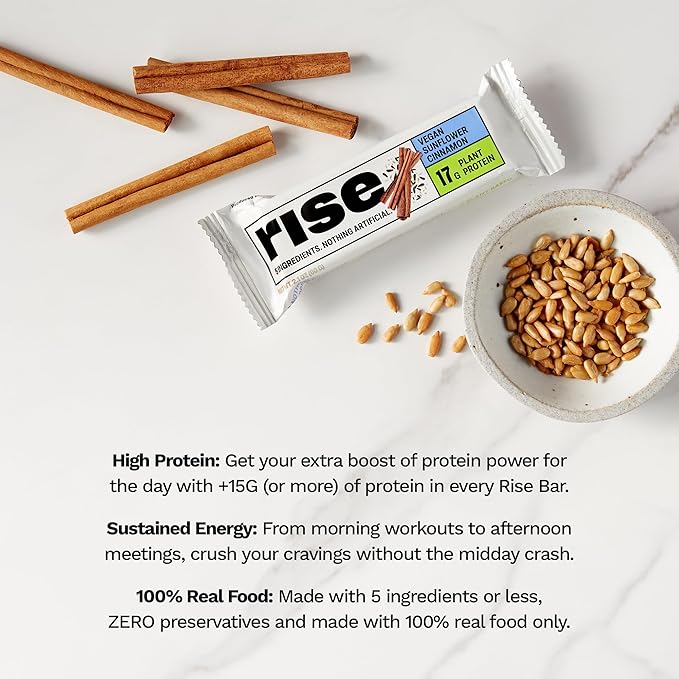 Rise Pea Protein Bar - Vegan Sunflower Cinnamon | Breakfast Bar & Protein Snack 17g Protein Just 5 Whole Food Ingredients Non-GMO Gluten-Free Soy Free