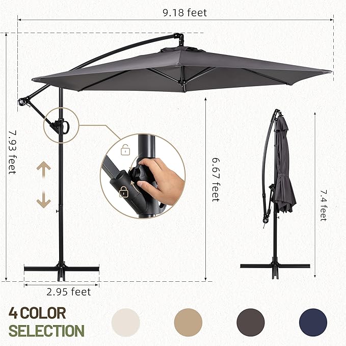 Shintenchi Patio Umbrella,Hanging Offset Umbrella, Outdoor Cantilever Hanging Umbrella with Easy Tilt,Crank, Cross Base, Poolside Sun Shade Canopy, Dark Gray