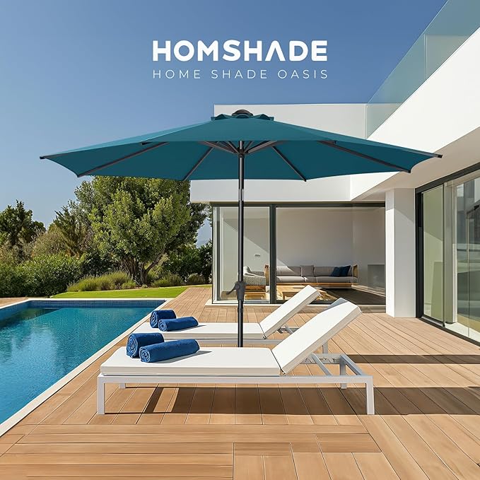 9ft Outdoor Patio Umbrella - Market Table Pool Deck Umbrella UPF50+ UV Protection with Push Button Tilt, Crank and 8 Sturdy Ribs (Peacock Blue, No base)