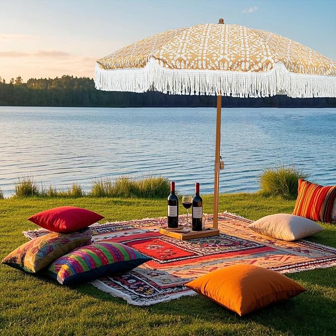 AMMSUN 7ft Patio Umbrella with Fringe Outdoor Tassel Umbrella UPF50+ Premium Steel Pole and Ribs Push Button Tilt, Retro Bohemian