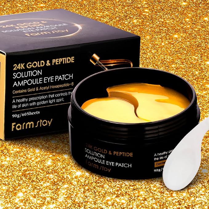 FARMSTAY 24K Gold and Peptide Solution Ampoule Eye Patch - Under Eye Patches for Wrinkles - Improves Skin Elasticity - Brightens Dark Circles - 60 pc