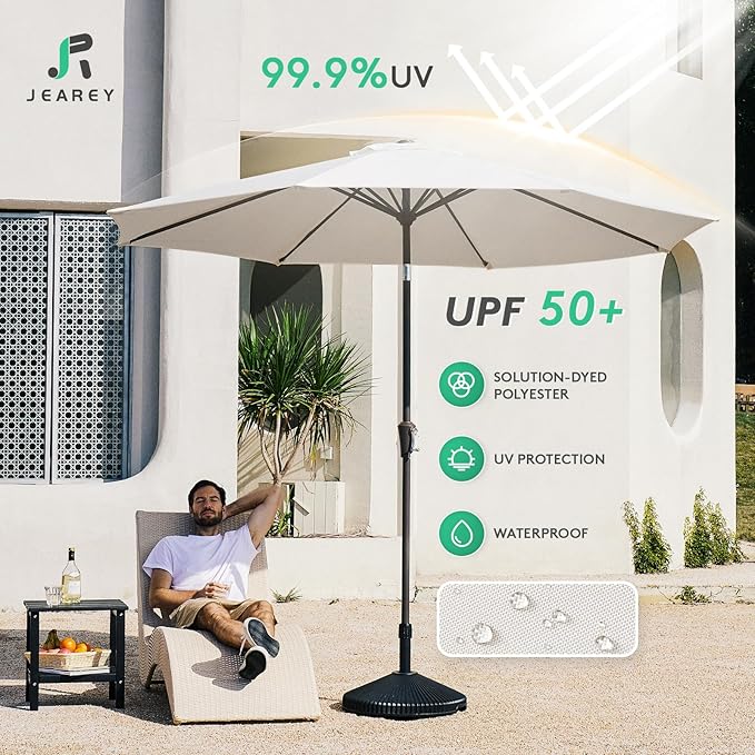 JEAREY 10FT Outdoor Patio Umbrella Outdoor Table Umbrella with Push Button Tilt and Crank, Market Umbrella 8 Sturdy Ribs UV Protection Waterproof for Pool, Garden (Creamy-white)