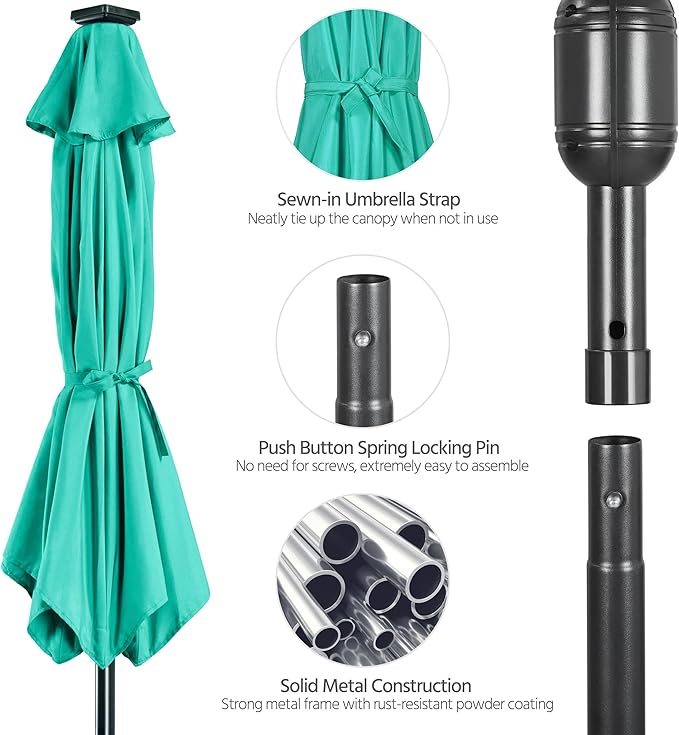 Yaheetech 9FT Solar Powered Patio Umbrella - UV Protection Market Table Umbrella w/ 32 LED Lights & Push Button Tilt & Crank Lift System for Garden/Lawn/Deck/Backyard/Pool, Turquoise