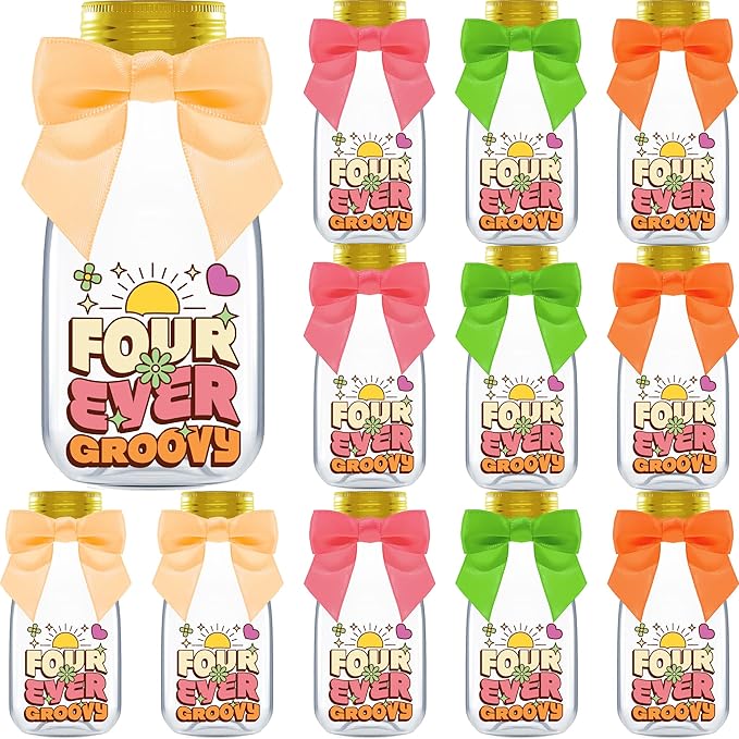 Small 12 Pack Four Ever Groovy Party Favors - DIY Candy Jars with Ribbons and Stickers - Funky Party Decoration Bottles for 4th Birthday Bash for Boy or Girl - Retro Hippie Table Centerpiece
