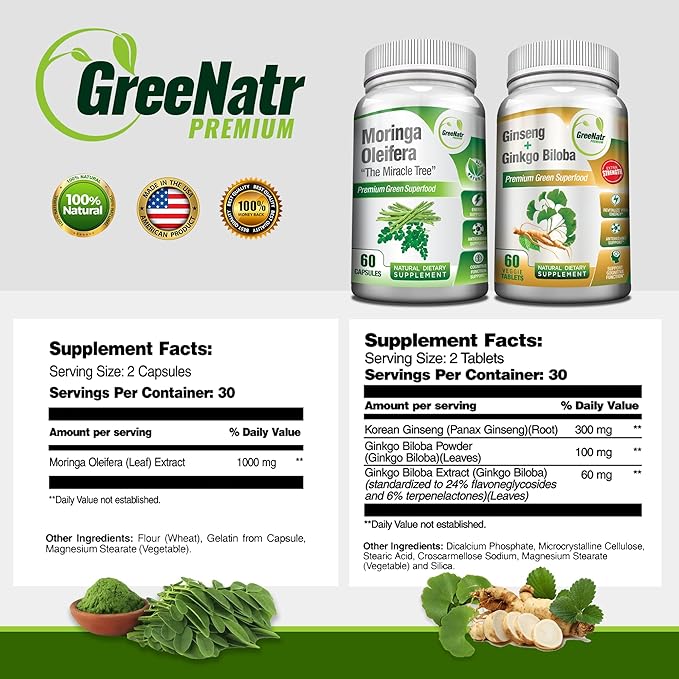 Ginkgo Biloba, Panax Ginseng Supplement and Moringa Capsules Bundle - Ginkgo Biloba Supplements for Immune Support and Energy Boost - Moringa Supplement for Concentration and Good Memory