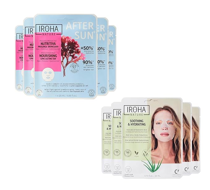 After Sun face Masks Prolongs Tan & Hydrates with Probiotics, Inositol (5 masks) + Aloe Vera Skin Care Masks with Hyaluronic Acid, Hydrating (5 masks) - Vegan, Korean Beauty (Total Bundle 10 pieces)