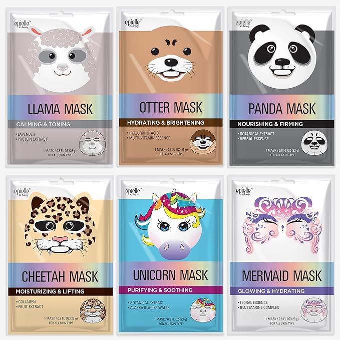 Epielle Animal Character Sheet Masks | Korean Spa Masks for All Skin Types | Face Mask, Spa Gifts, Birthday Party Gifts, Girls' Night, Skincare Party | Assorted 6 Pack | Korean Skincare