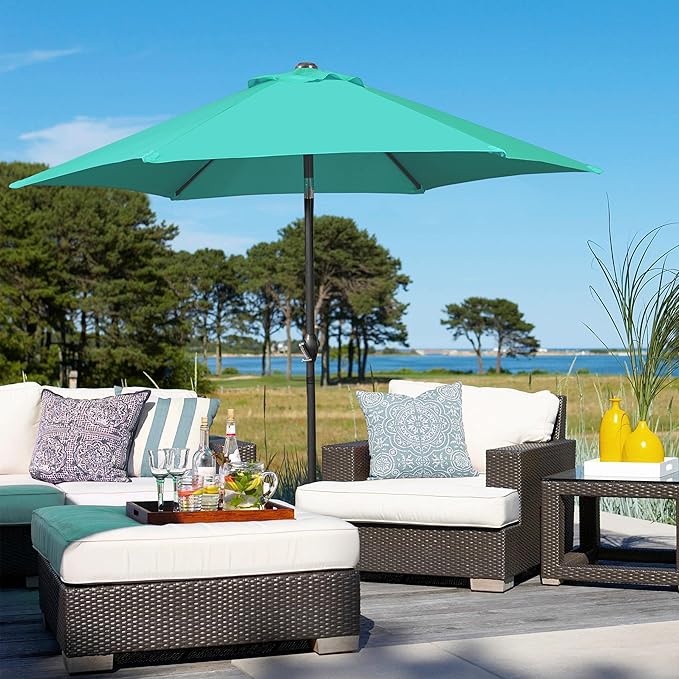 Yaheetech 7.5FT Patio Umbrella Outdoor Table Umbrella Canopy Market Umbrella with Push Button Tilt & Crank for Garden/Lawn/Deck/Backyard, 6 Ribs, Turquoise