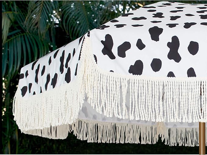 AMMSUN 7ft Patio Umbrella with Fringe Outdoor Tassel Umbrella UPF50+ Premium Steel Pole and Ribs Push Button Tilt, Cow Polka Dots
