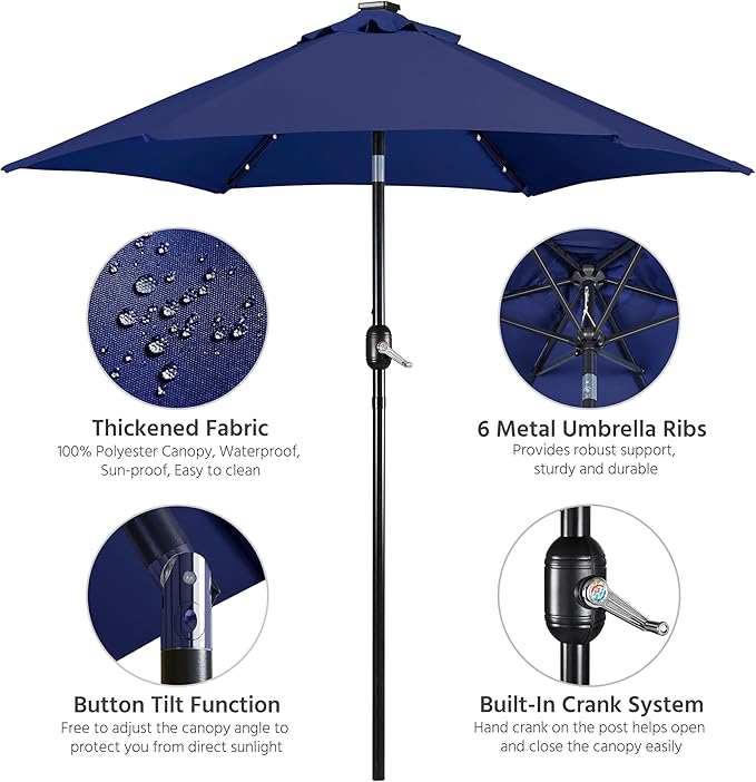Yaheetech 7.5FT Solar Powered Patio Umbrella - UV Protection Market Table Umbrella w/18 LED Lights & Push Button Tilt & Crank Lift System for Garden/Lawn/Deck/Backyard/Pool, Navy Blue