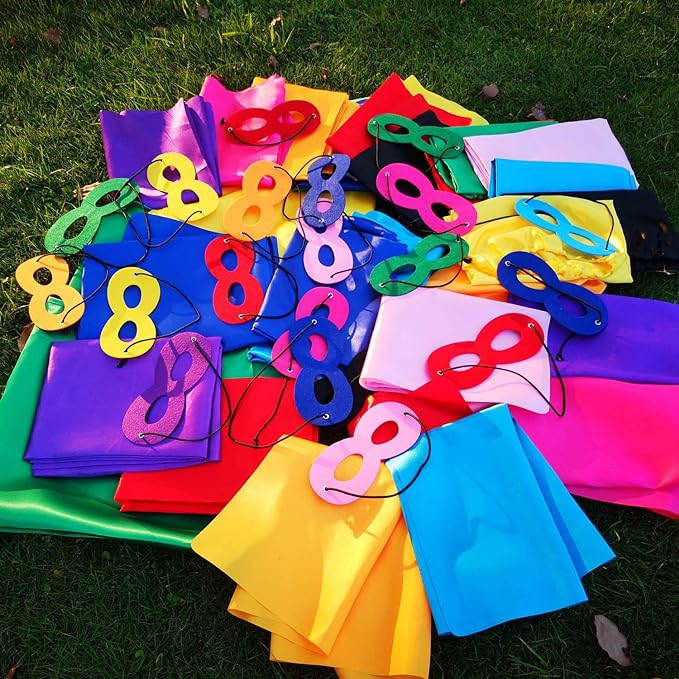 ADJOY Kids Superhero Capes and Masks with Large Superhero Stickers - Super Hero Costume for Parties - 10 Sets (20PCS)