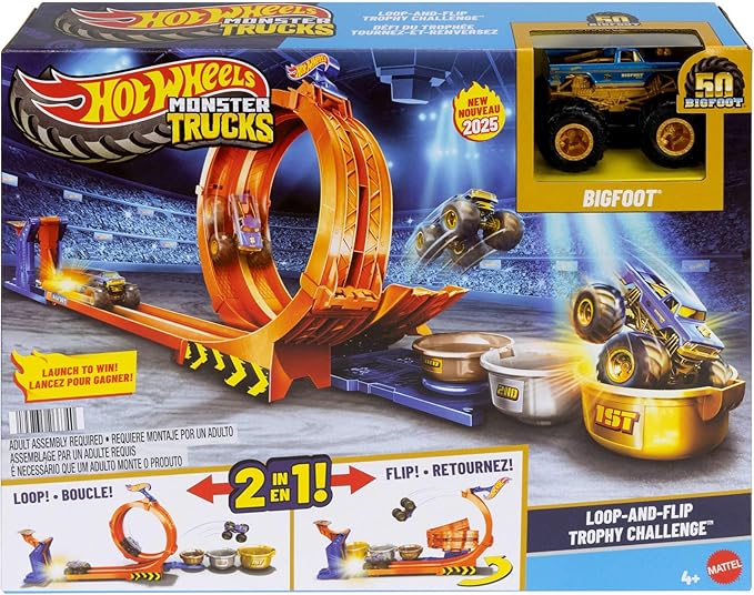 Hot Wheels Monster Trucks Toy Truck & Track Set, Loop-and-Flip Trophy Challenge Playset & 1:64 Scale 50th Anniversary Die-Cast Bigfoot, 2 Ways to Play