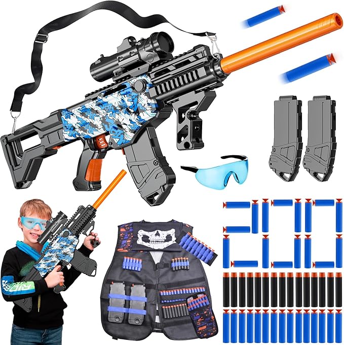 Toy Gun Automatic Sniper Rifle with Lanyard, Electric Realistic Toy Foam Blasters- 200 Darts, Tactical Vest Set, Scope and 2 Clips, Cool Toys for Kids Ages 8-12, Birthday Xmas Gifts for Boys Adults