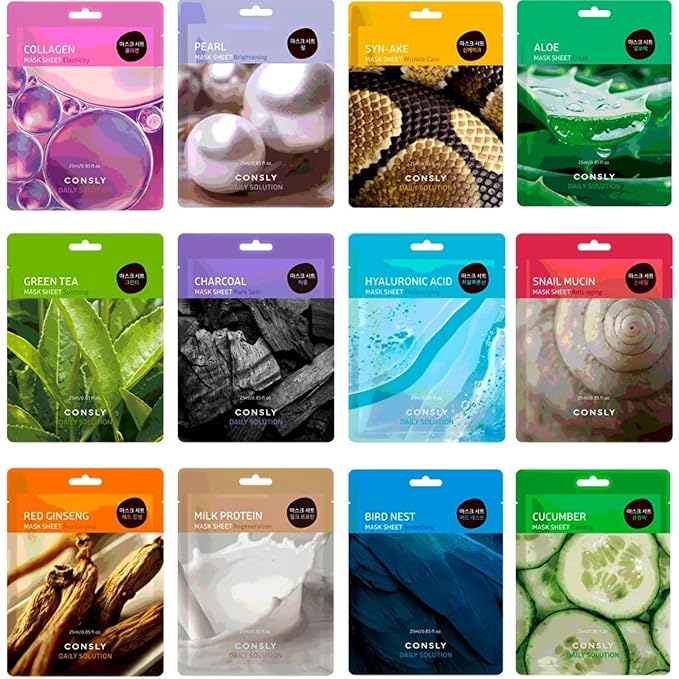 CONSLY_Daily Solution Face Mask Set – 12 Hydrating, Firming & Brightening Sheet Masks – Infused with Collagen, Snail Mucin, Hyaluronic Acid & Natural Extracts for Anti-Aging & Glowing Skin