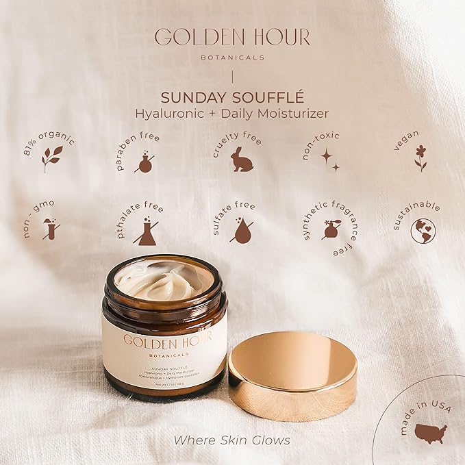 Organic Skin Care Products Made in USA, Hydrating Daily Facial Moisturizer + Face Lotion Cream with Hyaluronic Acid + Vitamin E, Cruelty Free, 1.7 fl oz/48g, SunDay Souffle