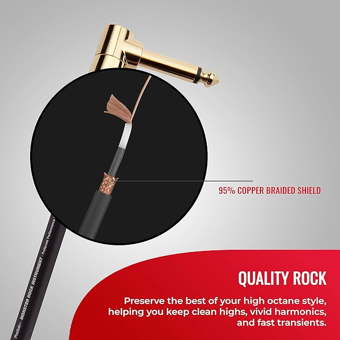 Monster Prolink Rock Instrument Cable. 8 in Right Angle to Right Angle Guitar Cable. for Electric Guitar Cable. 95% Copper Braided Shielded Guitar Cable