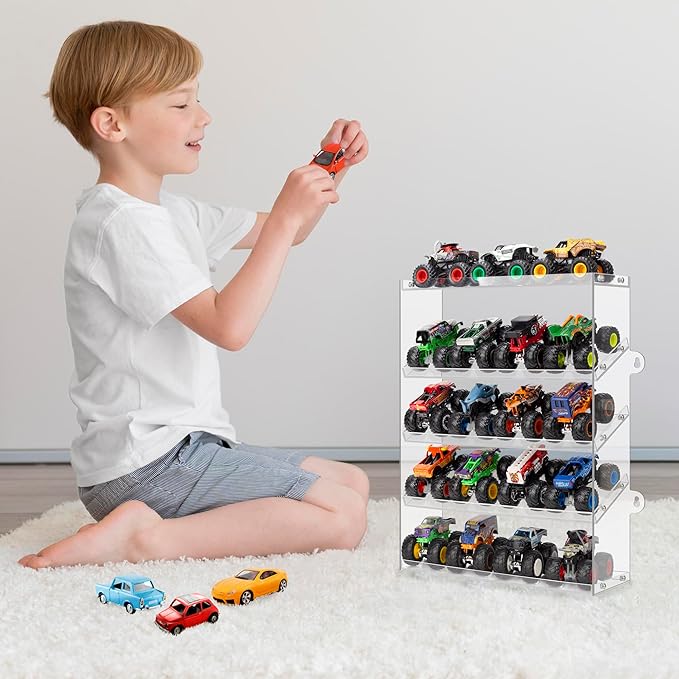 Assembly Monster Trucks Display Case Holding for 20 Monster Trucks Acrylic Storage Case 5 Tiers Monster Trucks Organizer with Tilted Design, Display Case for Toy Trucks (Gray)