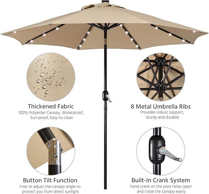 Yaheetech 9FT Solar Powered Patio Umbrella - UV Protection Market Table Umbrella w/ 32 LED Lights & Push Button Tilt & Crank Lift System for Garden/Lawn/Deck/Backyard/Pool,Tan