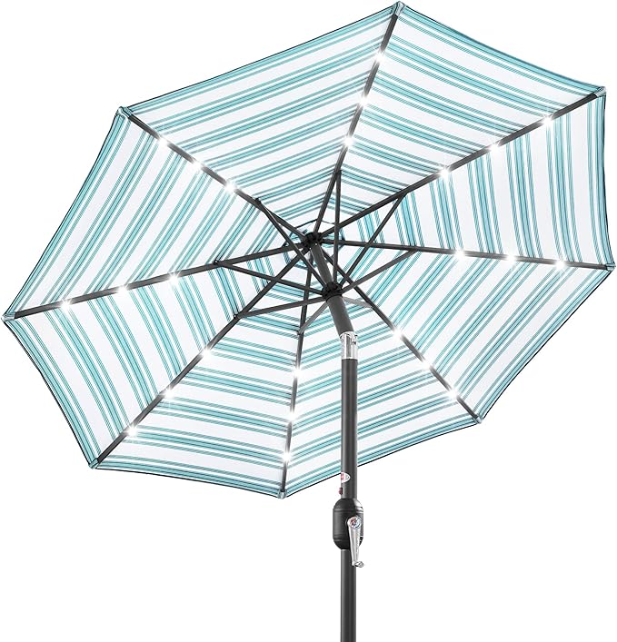 Best Choice Products 10ft Solar Polyester LED Lighted Patio Umbrella w/Tilt Adjustment and UV-Resistant Fabric - Striped Sky Blue