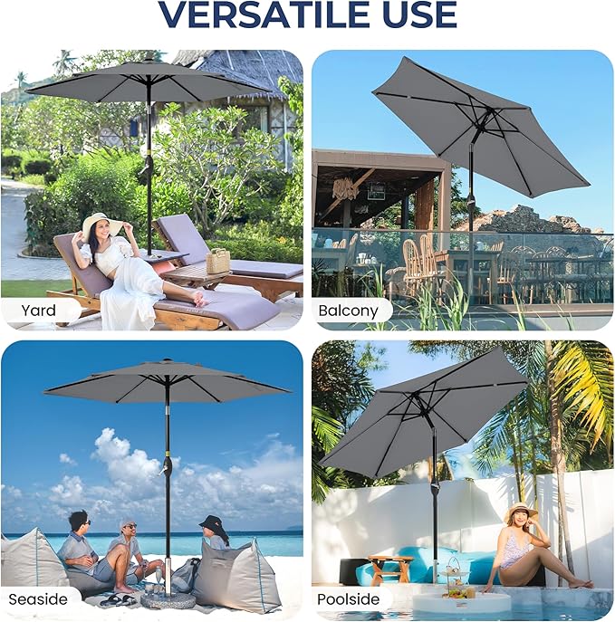 SUNVIVI OUTDOOR 7.5' Outdoor Patio Umbrella, Patio Umbrella, Market Umbrella, Metal Pole Umbrella with Push Button Tilt and Crank, 6 Ribs, Polyester Canopy