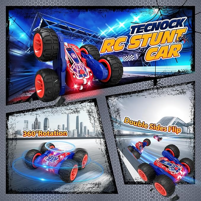 Tecnock Spider Remote Control Car, 2.4GHz RC Cars with USB-C Easy Charging, 4WD Double Sided 360° Rotates & Flips RC Stunt Car, Toys Gift for Boys and Girls