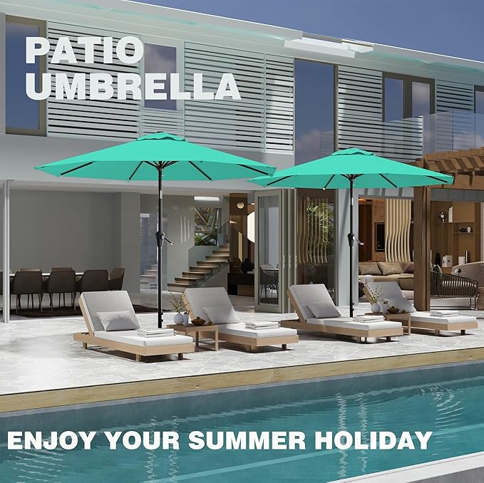 9 FT Patio Umbrella for Outdoor, Outdoor Umbrella with Push Button Tilt and Crank, Outdoor Patio Umbrellas with 8 Sturdy Ribs for Market, Garden, Deck, Backyard, Pool (Cerulean)