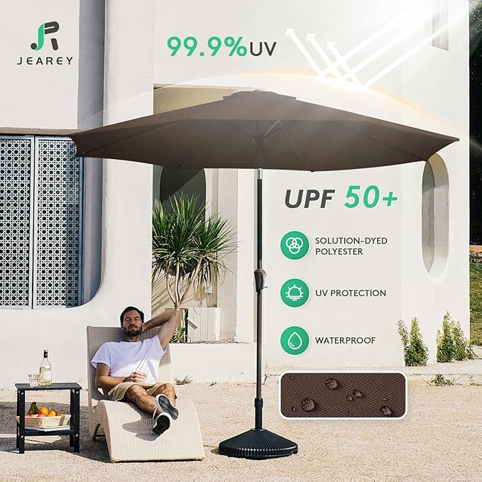 JEAREY 10FT Outdoor Patio Umbrella Outdoor Table Umbrella with Push Button Tilt and Crank, Market Umbrella 8 Sturdy Ribs UV Protection Waterproof for Pool, Garden (Brown)