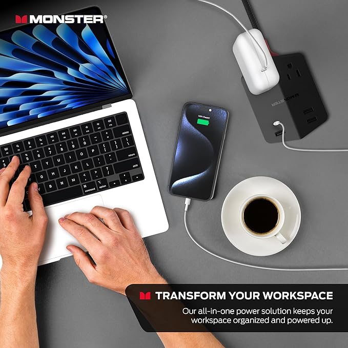 Monster Power Shield: Magnetic Wall Outlet Extender, Multiple Plug Outlet with 2 AC Outlets, 3 USB-A Ports, & 1 USB-C Port (20W)