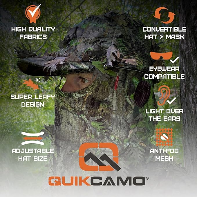 QuikCamo Lightweight 3D Leafy Camo Face Mask & Hat for Hunting, OSFM Adjustable Camouflage Hat, Mossy Oak & Realtree
