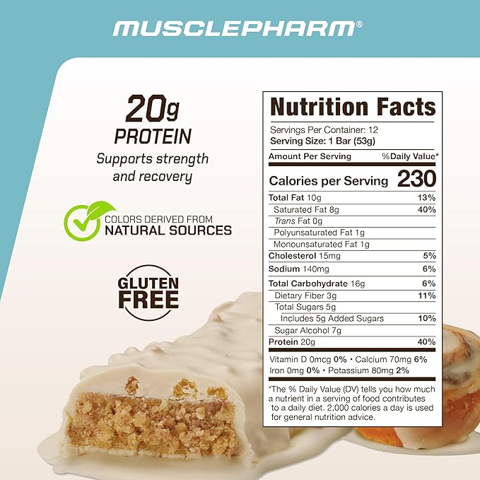 MusclePharm Combat Ready Protein Bar, Cinnamon Roll High Protein Bars, Combat Cravings, Fuel Performance & Meet Energy Demands, 20g Protein from Whey Protein, 3g Fiber, Gluten Free, 12 Bars