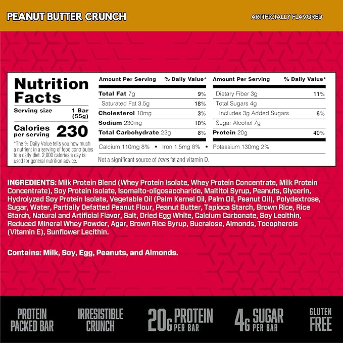 BSN Protein Crisp Bar, Protein Snack Bars, Crunch Bars with Whey Protein and Fiber, Gluten Free, Peanut Butter Crunch, 12 Count (Packaging May Vary)