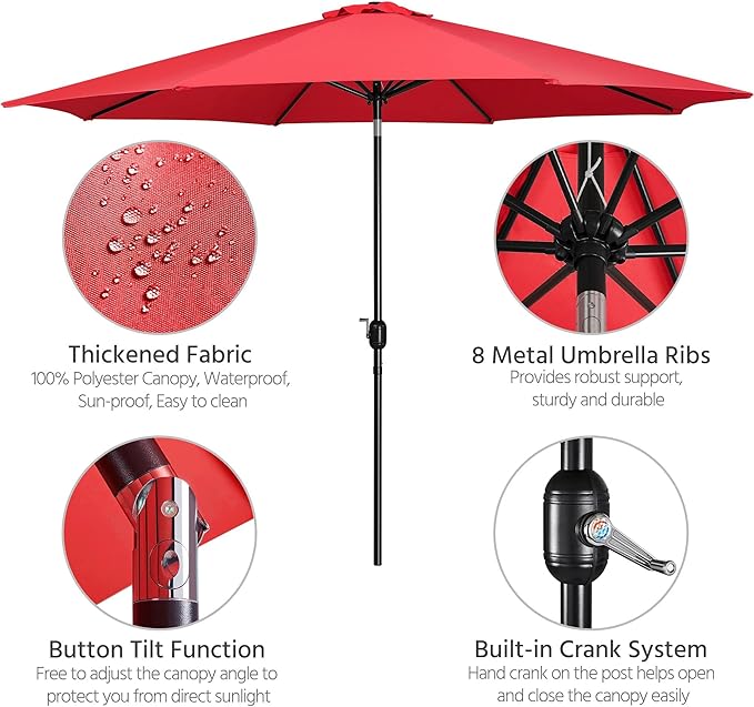 Yaheetech 11FT Patio Umbrella Outdoor Market Table Umbrella with Push Button Tilt & Crank for Garden/Lawn/Deck/Backyard/Pool/Beach, 8 Ribs,Red