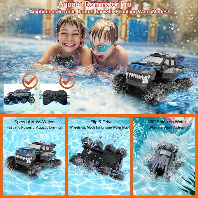 Amphibious Remote Control Car 8WD RC Monster Truck with 2 Rechargeable Batteries for Boys Age 8-12 Offroad Waterproof RC Pickup All Terrain RC Drift Cars Beach Pool Toys Gifts for Kids Blue