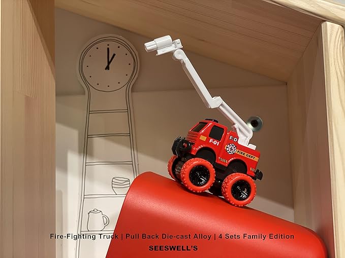 Pull Back Die-cast Alloy Fire Truck Vehicles Play Set,Monster Truck Model Cars,Friction Powered Toy Cars,4 Pack,Toys for 3 4 5 + Years Old Kids,Christmas/Birthday Gifts for Boys & Girls,Party Favors