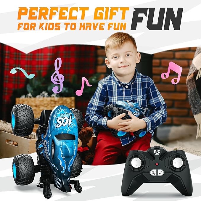 BEZGAR Monster Truck Toys - Remote Control Monster Truck with Light & Music, Dinosaur Toys for Kids, 1:20 Scale RC Truck with 360° Spins and Drifting, Remote Control Car for Boys Blue